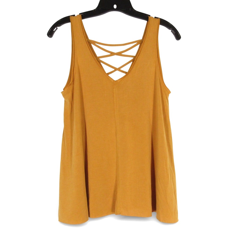 SHE + SKY Mustard Yellow RAW HEM Sleeveless CRISS-CROSS BACK Swing Tank Top Sz M